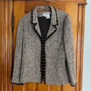 VINTAGE Carlisle Herringbone Jacket w/ Black & Brown FUR Trim Women's Size 14
